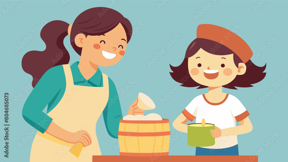 A young girl helping her mother churn butter the two chatting and laughing as the task is completed.. Vector illustration A young girl helping her mother churn butter the two chatting and laughing as the task is completed.. Vector illustration