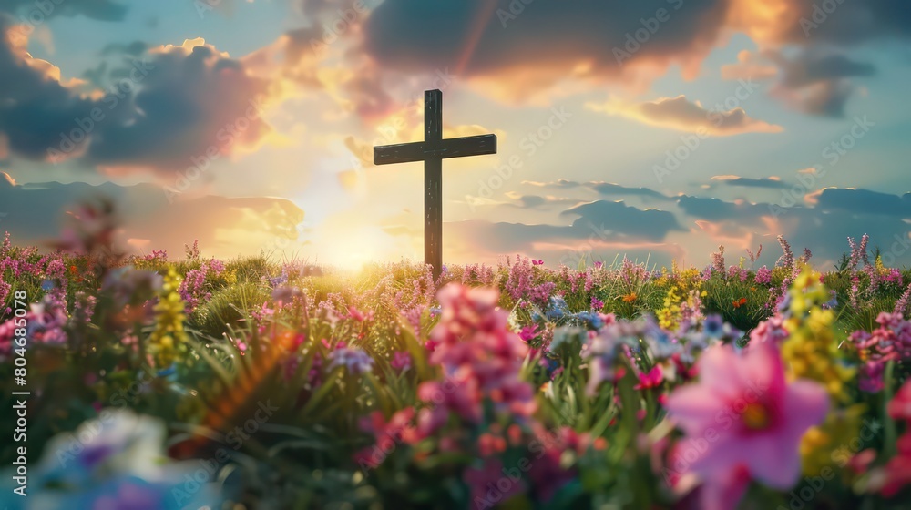 Christian Cross in the middle of flower field. Good Friday Palm Sunday Concept Christian Cross in the middle of flower field. Good Friday Palm Sunday Concept