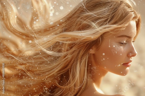 A serene close-up of a young woman with golden hair caressed by water droplets in a dreamy setting