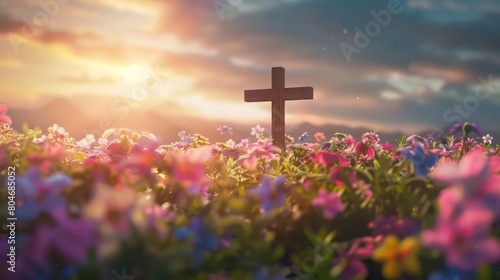 Christian Cross in the middle of flower field. Good Friday Palm Sunday Concept