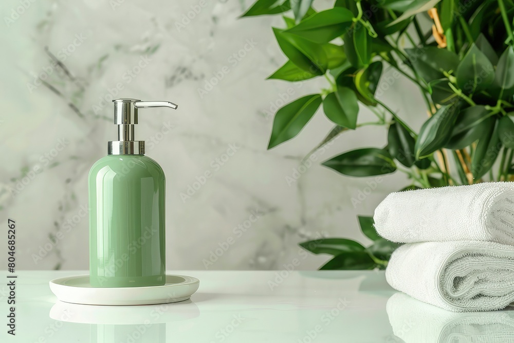 Green soap dispenser on white countertop in bathroom. Space for text Green soap dispenser on white countertop in bathroom. Space for text