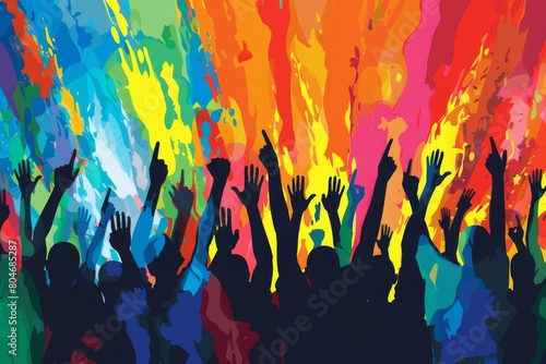 energetic concert crowd silhouettes with raised hands abstract illustration