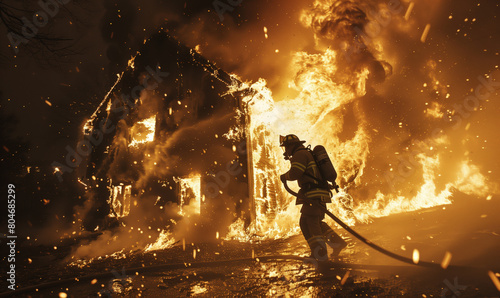 Firefighter extinguishing massive house fire at night.Emergency scene . Fire safety and emergency response concept.