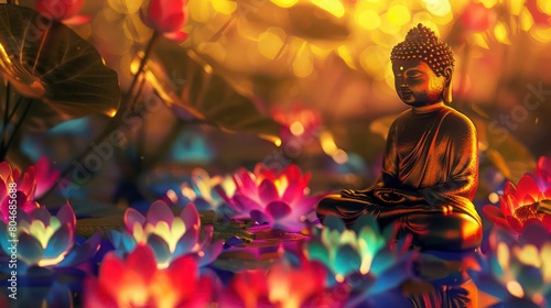 Glowing golden buddha and 3d multicolored flowers and lotuses background