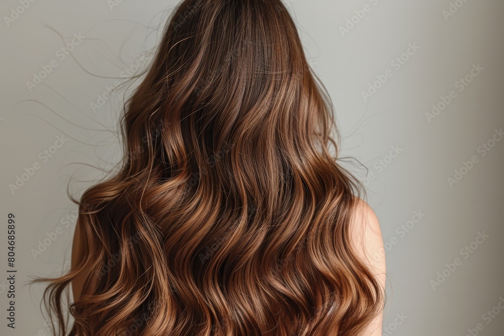 Fototapeta premium Detailed close-up of a woman's flowing wavy hair, showcasing texture and style against a neutral background