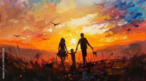 Mesmerizing family painting capturing the tranquil sunset moment together on a peaceful evening photo