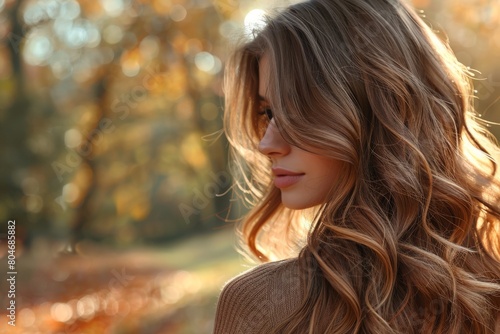 A serene autumn scene with sunlight filtering through trees, highlighting a woman's elegantly curled hair photo