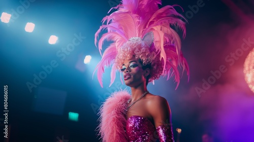 male drag queen showgirl outfit with pink feathers