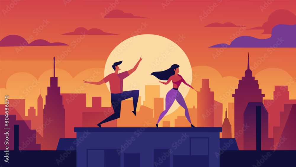 Naklejka premium As the sun sets over the city skyline two pairs of dancers take to the rooftop lost in the magic of the moment.. Vector illustration