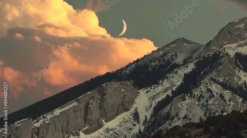  A mountain blanketed by snow beneath a cloudy sky, featuring a crescent moon centered in the heavens and another crescent moon atop the peak