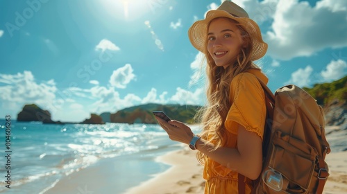 Woman Standing on Beach Holding Cell Phone