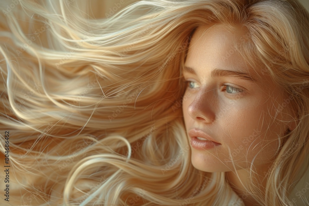 Serenity envelops this image showing a blonde woman with a dreamy look and delicate flowing hair, full of elegance Serenity envelops this image showing a blonde woman with a dreamy look and delicate flowing hair, full of elegance