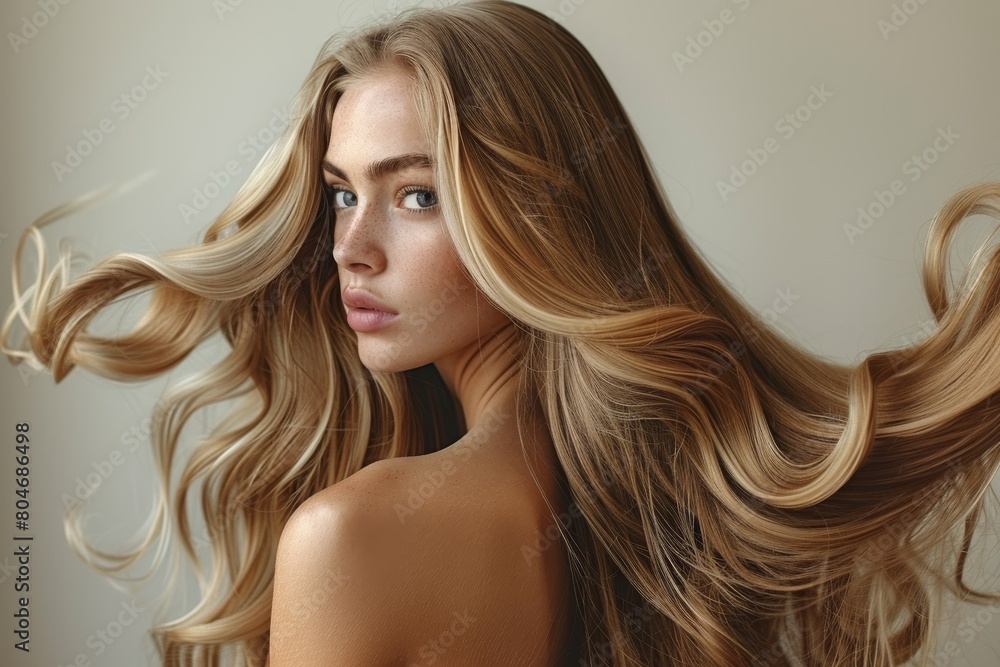 Dynamic profile view of a woman with wavy hair in motion, blending natural beauty with artistic expression Dynamic profile view of a woman with wavy hair in motion, blending natural beauty with artistic expression