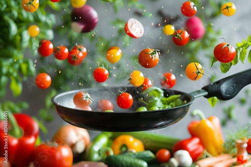 fresh vegetables floating around a sizzling frying pan nutritious meal concept