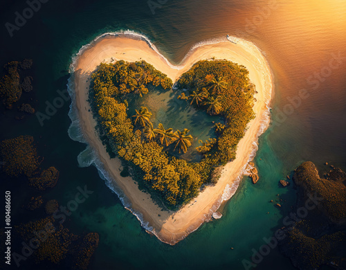 Exotic Island in the Shape of a Love Heart. Sunset Aerial Shot, Travel Concept. Generative AI. photo