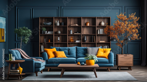 Experience the exquisite charm of a dark living room interior, featuring a blue sofa with wooden home accessories in a modern cozy apartment, a symphony of color and style