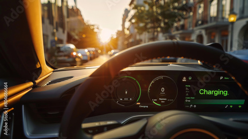 Close-up of the dashboard of an electric car. Dashboard with green charging sign. Technology concept.