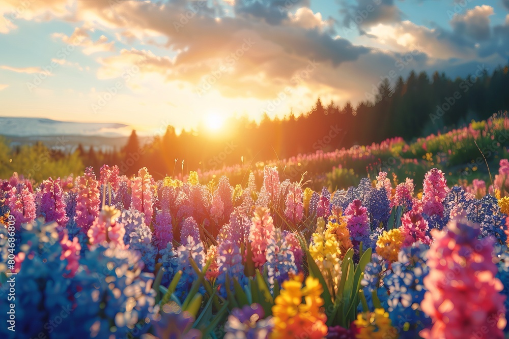 Naklejka premium Spring Flowers In The Garden Bathed In The Warm Glow Of A Beautiful Sunset Create A Scene Of Pure Serenity