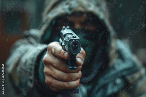 An intense image of a hooded figure aiming a handgun directly at the camera  with rain adding a dramatic and gritty feel to the action-packed scene