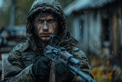 A weathered soldier holds a rifle in a rainy, challenging outdoor setting