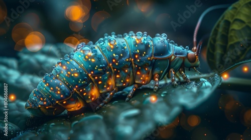 A blue and yellow bug with glowing spots is on a leaf. The bug is surrounded by a blurry background with a few bright lights. The image has a dreamy, surreal quality to it