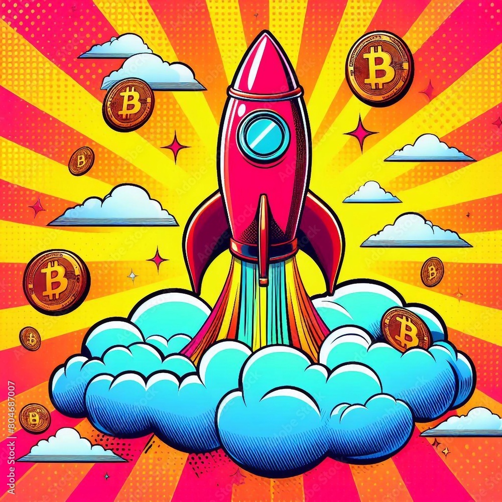 Fototapeta premium Rocket in clouds. Pop art style. AI generated illustration