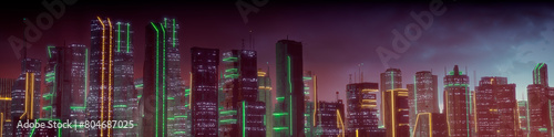 Futuristic City Skyline with Orange and Green Neon lights. Night scene with Visionary Architecture.
