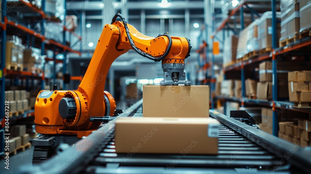 Fototapeta premium Industrial robot arm stacking boxes on a conveyor belt in a warehouse