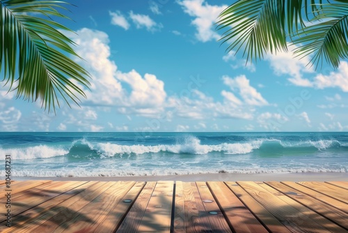 Summer tropical sea with waves  palm leaves and blue sky with clouds. Perfect vacation landscape with empty wooden table - generative ai