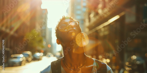 Exhausted person suffering from heat wave on a city street under direct sunlight, mirages blurring the urban horizon.