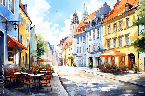 A quaint cobblestone alley lined with charming cafes and colorful buildings in a European city, isolated on solid white background.