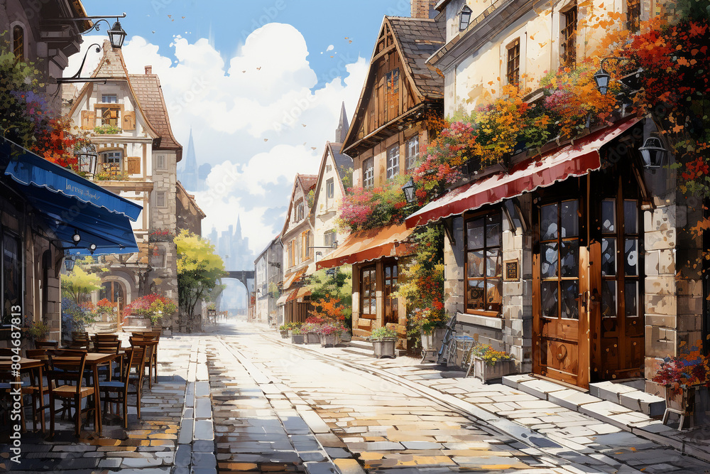 A quaint cobblestone alley lined with charming cafes and colorful buildings in a European city, isolated on solid white background.