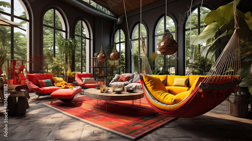 Interior of a stylish living room with a red hammock, a yellow sofa, and a tasteful coffee table, offering a vibrant and luxurious space photo
