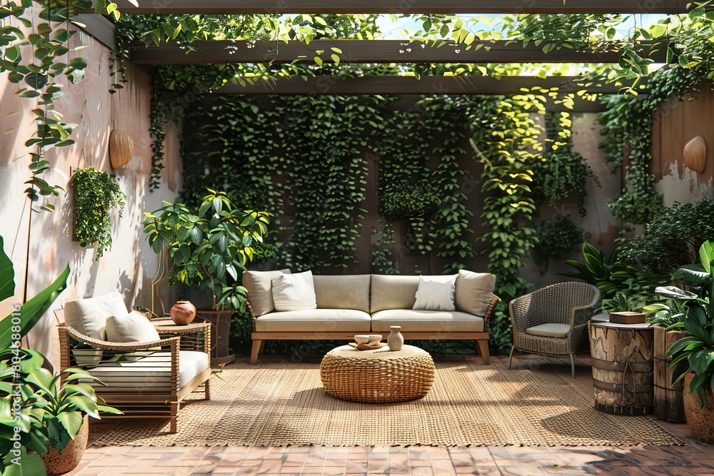 inviting patio oasis with lush greenery and cozy seating perfect for relaxation and entertainment 3d illustration