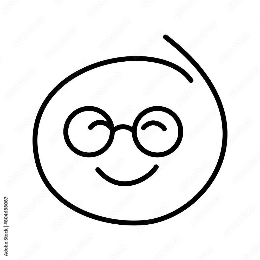 Black and white drawing of an embarrassed, pleased, shy emoticon, smiley bespectacled man wearing round glasses with closed eyes smiling. Close your eyes in embarrassment Black and white drawing of an embarrassed, pleased, shy emoticon, smiley bespectacled man wearing round glasses with closed eyes smiling. Close your eyes in embarrassment