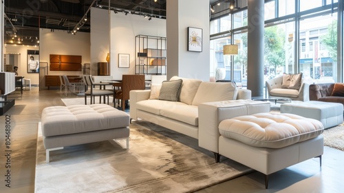 A contemporary furniture showroom interior, featuring a well-lit, spacious layout with a variety of modern sofas, tables, and decor