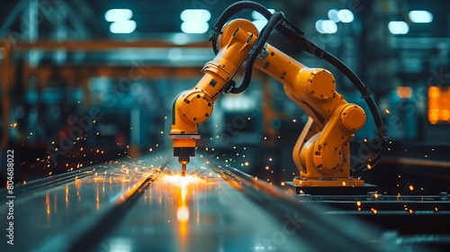 Industrial robot arm performing precision welding in a factory
