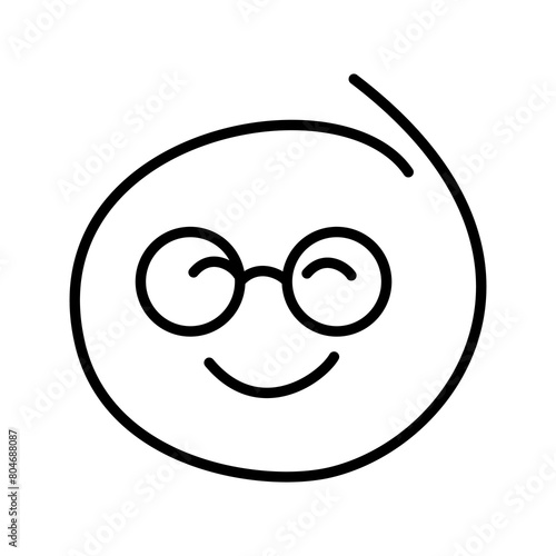 Black and white drawing of an embarrassed, pleased, shy emoticon, smiley bespectacled man wearing round glasses with closed eyes smiling. Close your eyes in embarrassment