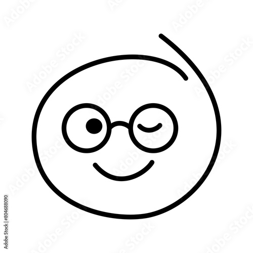 Black and white drawn winking emoticon smiling, smiley bespectacled man wearing round glasses