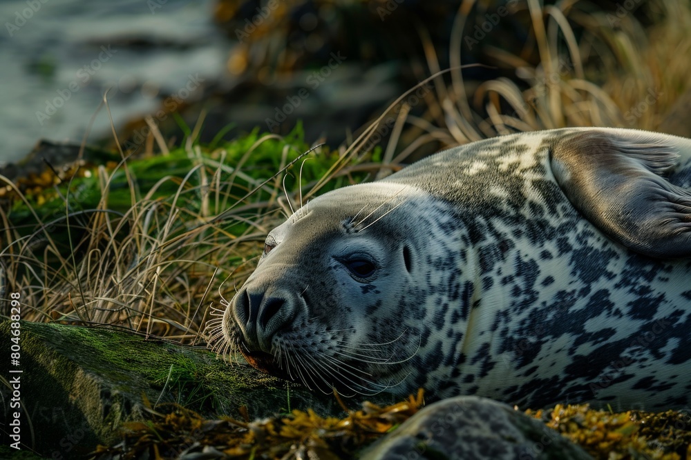 Obraz premium Antarctica crab seal close-up on a cloudy winter day. Beautiful simple AI generated image in 4K, unique.