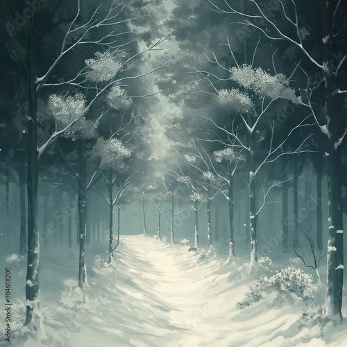 Una impresionante imagen de un bello bosque cubierto de nieve photo
