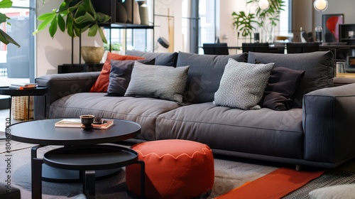 An urban-chic living room display showcasing a dark grey sofa with vibrant cushions and sleek, modern decor