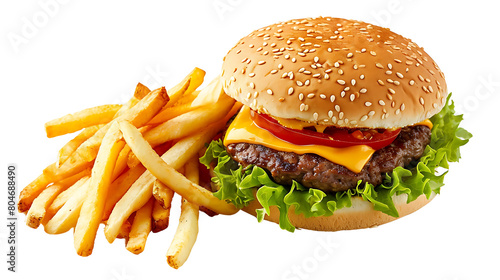 Cheeseburger and Fries Isolated on Transparent Background