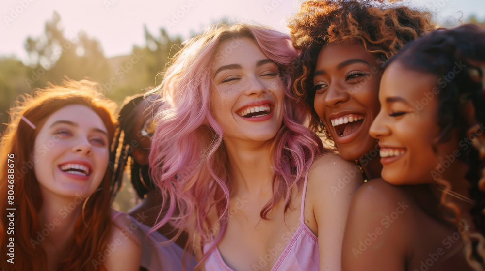 Portrait of multicultural women with luxurious bright hair having fun outdoors. Multiracial women in pink and purple colors pose for the camera. Fun concept. Portrait of multicultural women with luxurious bright hair having fun outdoors. Multiracial women in pink and purple colors pose for the camera. Fun concept.