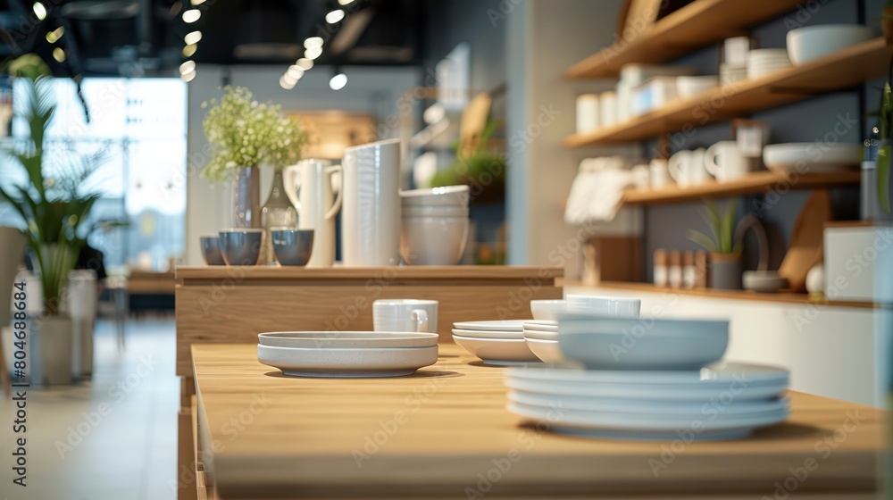 A well-lit kitchen section in a store showcasing various plates, bowls, and cups on wooden shelves The focus is on homeware A well-lit kitchen section in a store showcasing various plates, bowls, and cups on wooden shelves The focus is on homeware