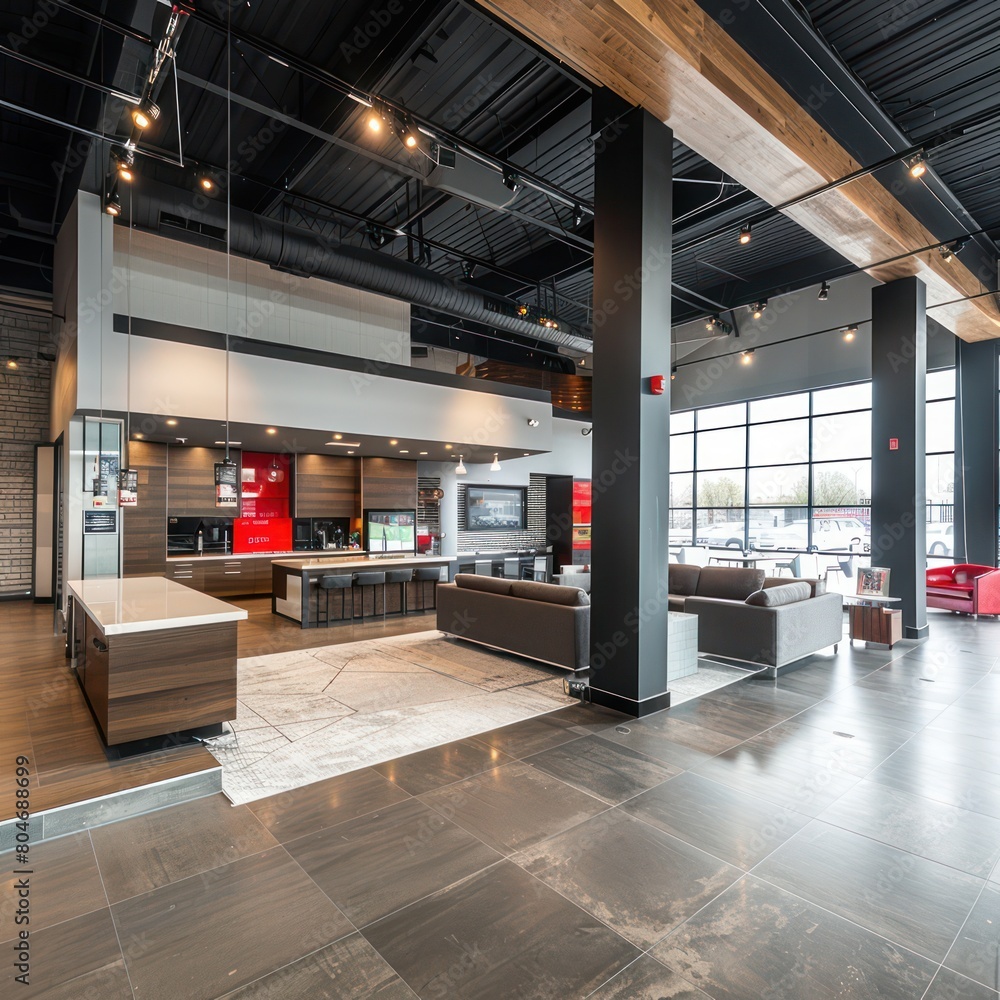 An upscale showroom featuring a lounge area with chic furniture, contemporary design, and a view of luxury cars outside An upscale showroom featuring a lounge area with chic furniture, contemporary design, and a view of luxury cars outside