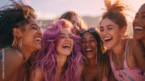 Portrait of multicultural women with luxurious bright hair having fun outdoors. Multiracial women in pink and purple colors pose for the camera. Fun concept.