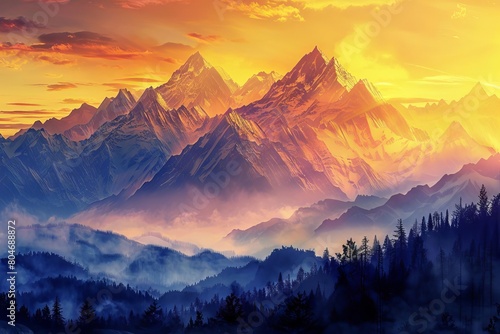 majestic awakening breathtaking sunrise over mountain range digital painting photo