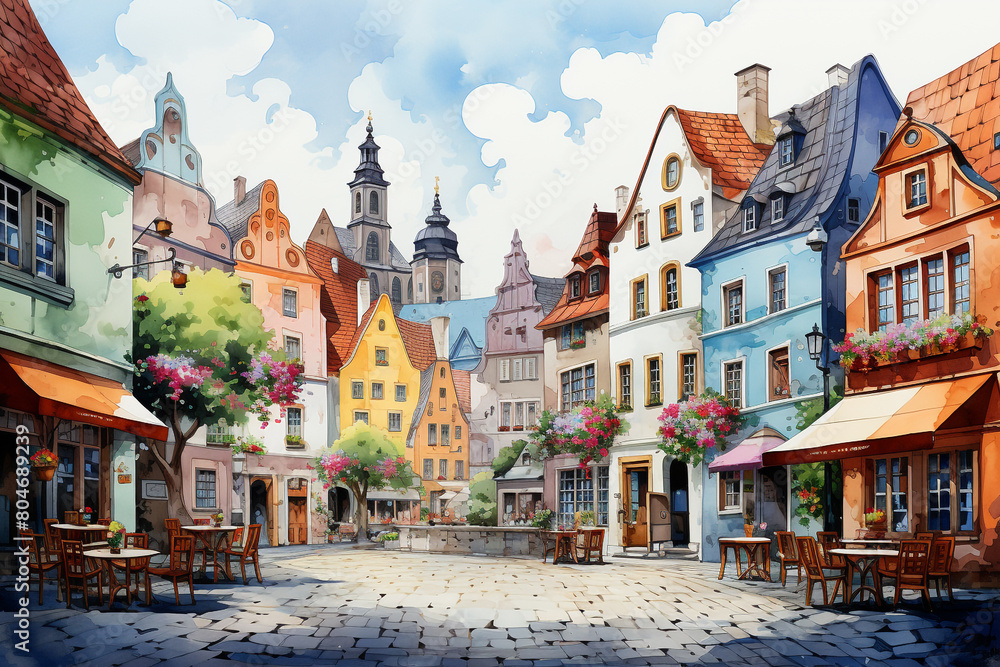 A quaint cobblestone street in an old European town lined with colorful buildings and cafes, isolated on solid white background.