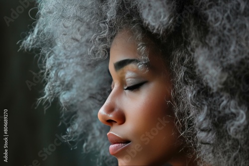 Elegant Afro girl grey hair studio portrait. Happy model african looking fashion. Generate Ai photo